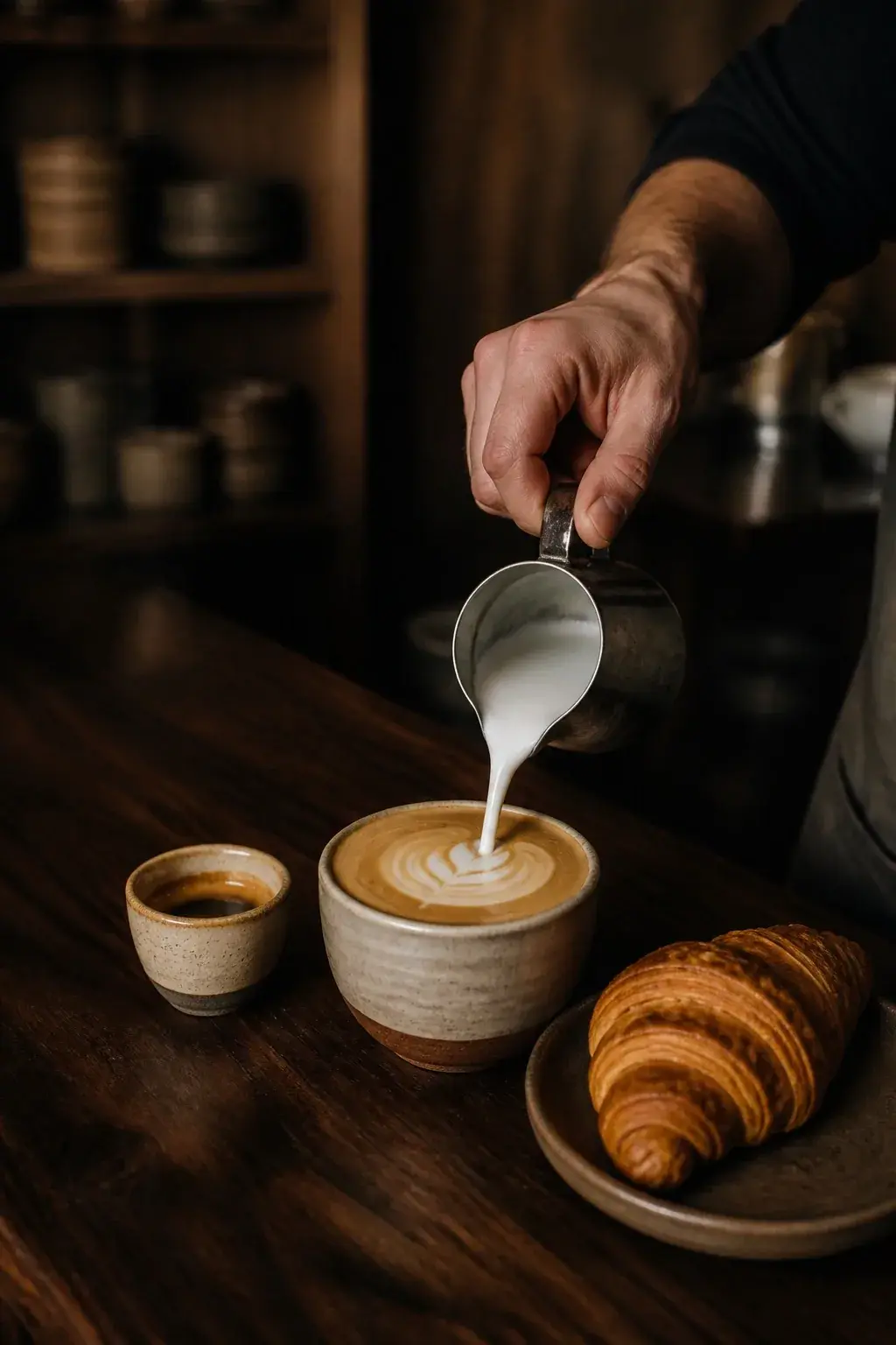 Milk being poured into a fresh latte beside espresso and a croissant