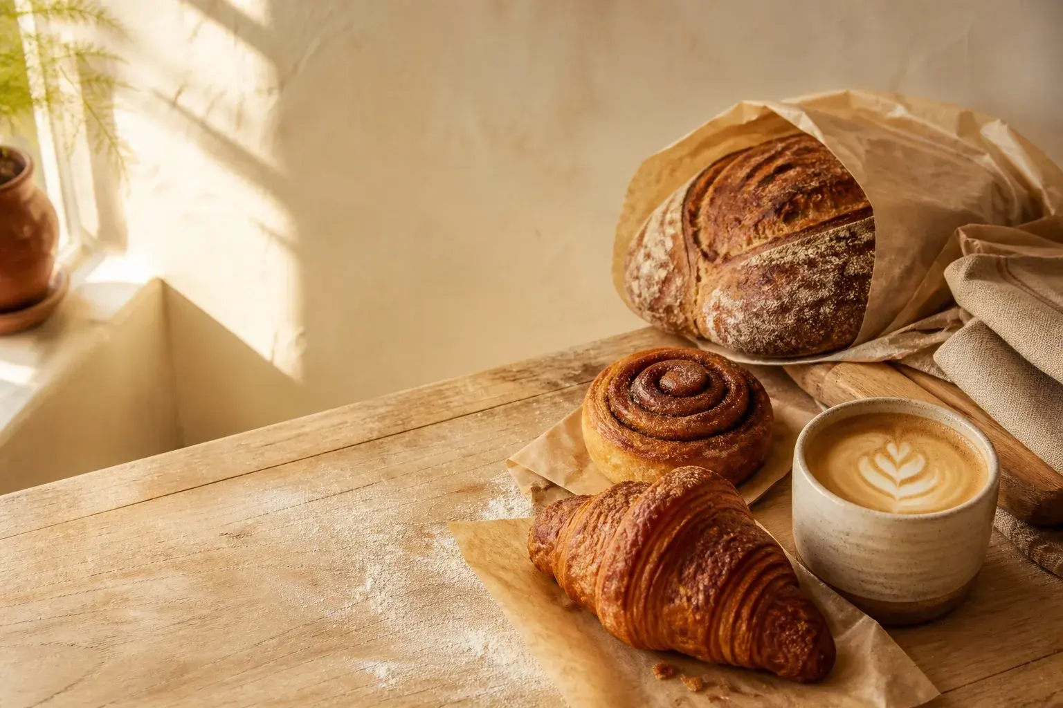 Fresh croissant, cinnamon roll, bread, and latte on a sunlit bakery table