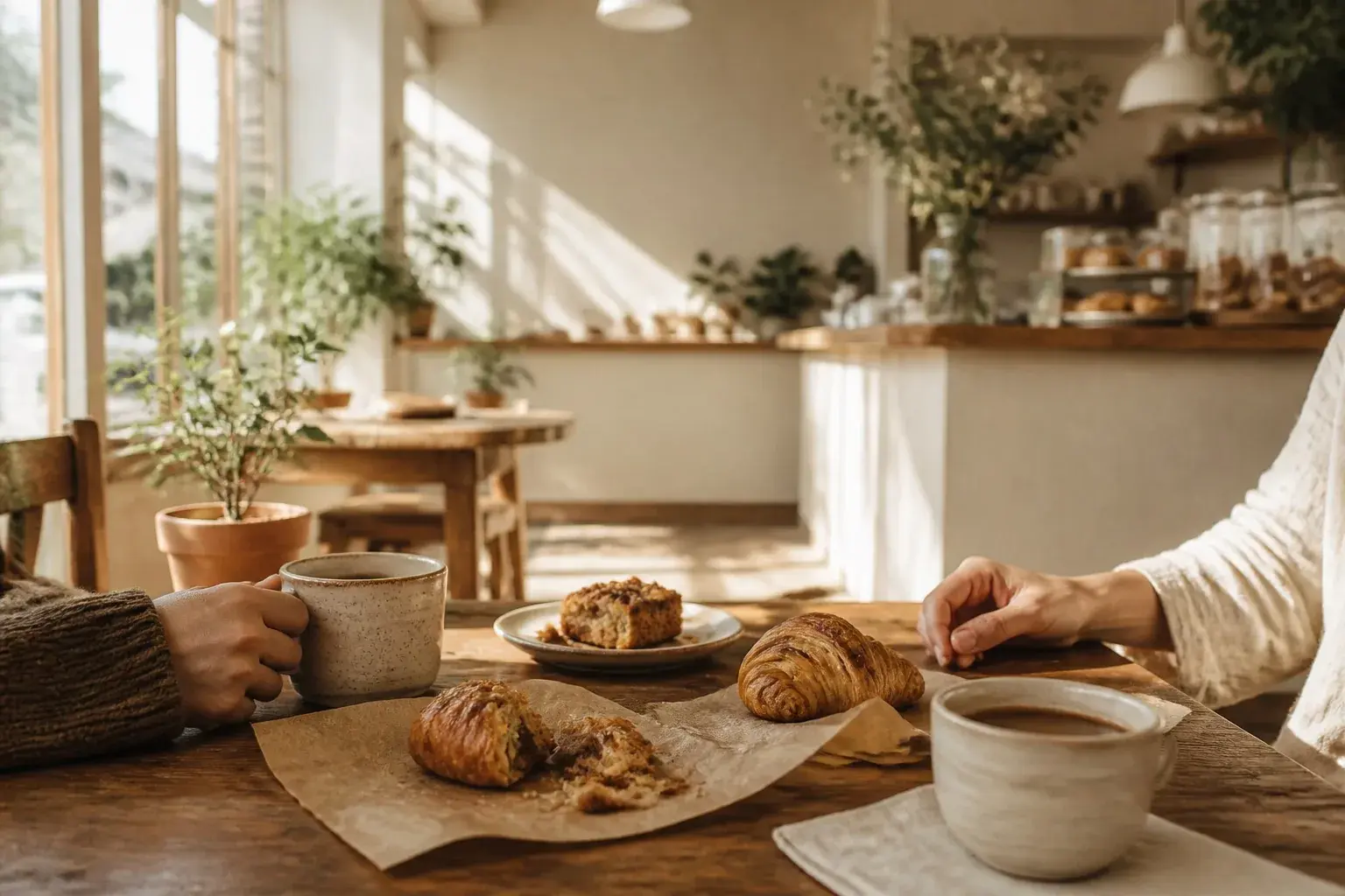 Friends sharing coffee and fresh pastries at a warm neighborhood bakery table